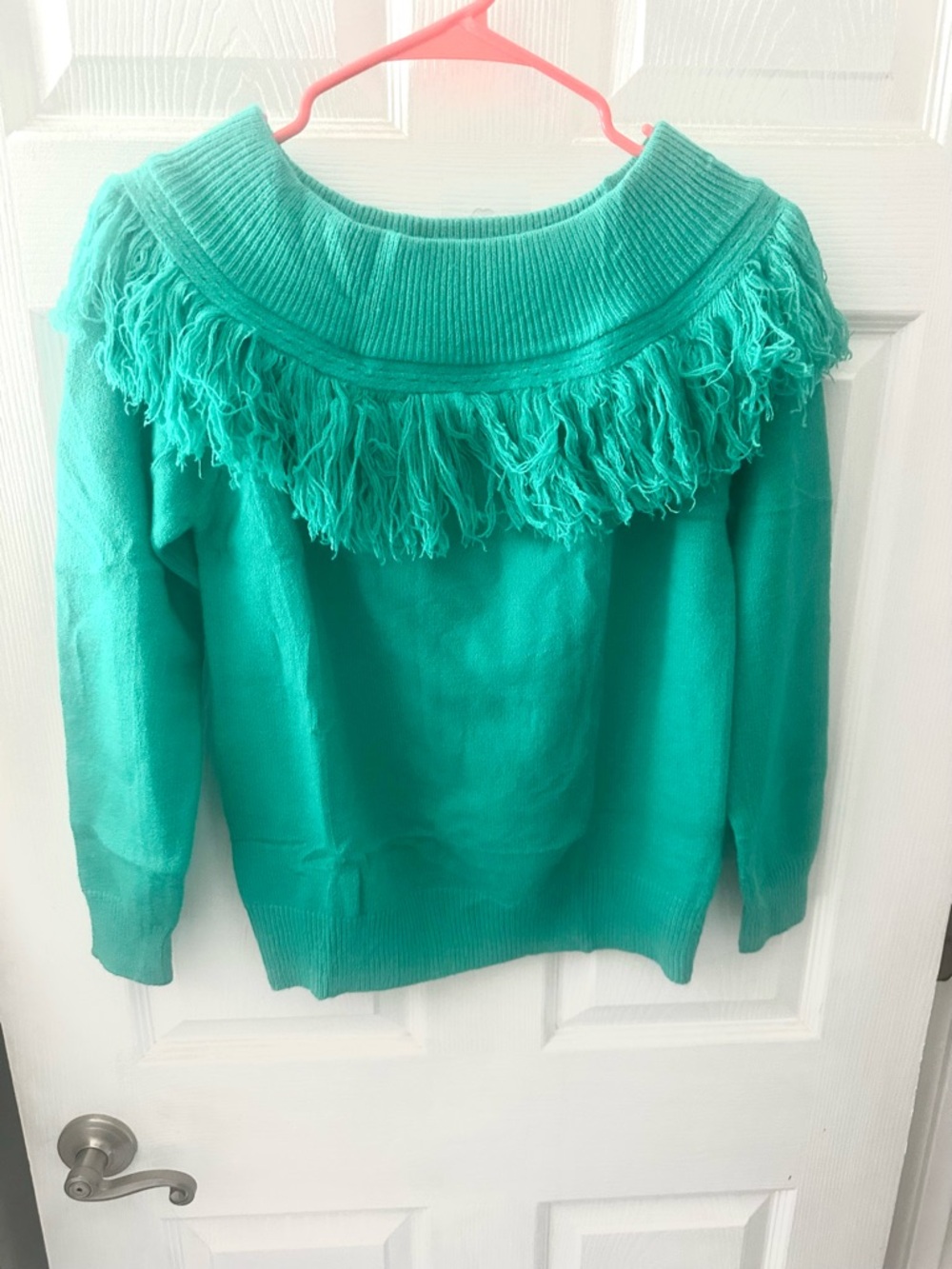 Fringed Off-Shoulder Sweater - Teal